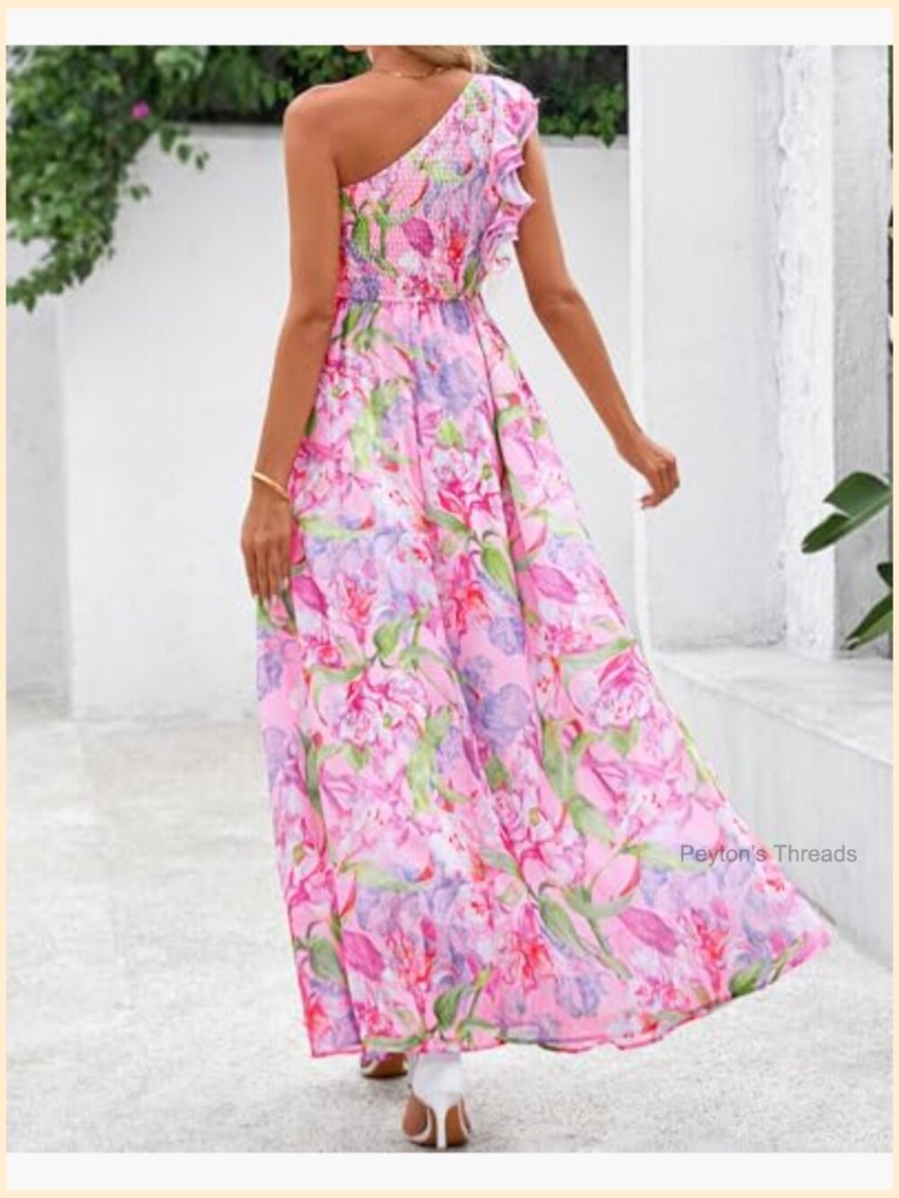 One Shoulder Floral Smocked Ruffle Maxi Dress with Pockets - Picture 3 of 7